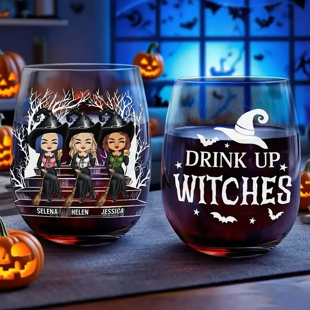 witch wine glass Drink Up Witches Halloween Wine Glass – Custom Witch Sisters Sitting on Bench – Spooky Gift for Best Friends or Sisters