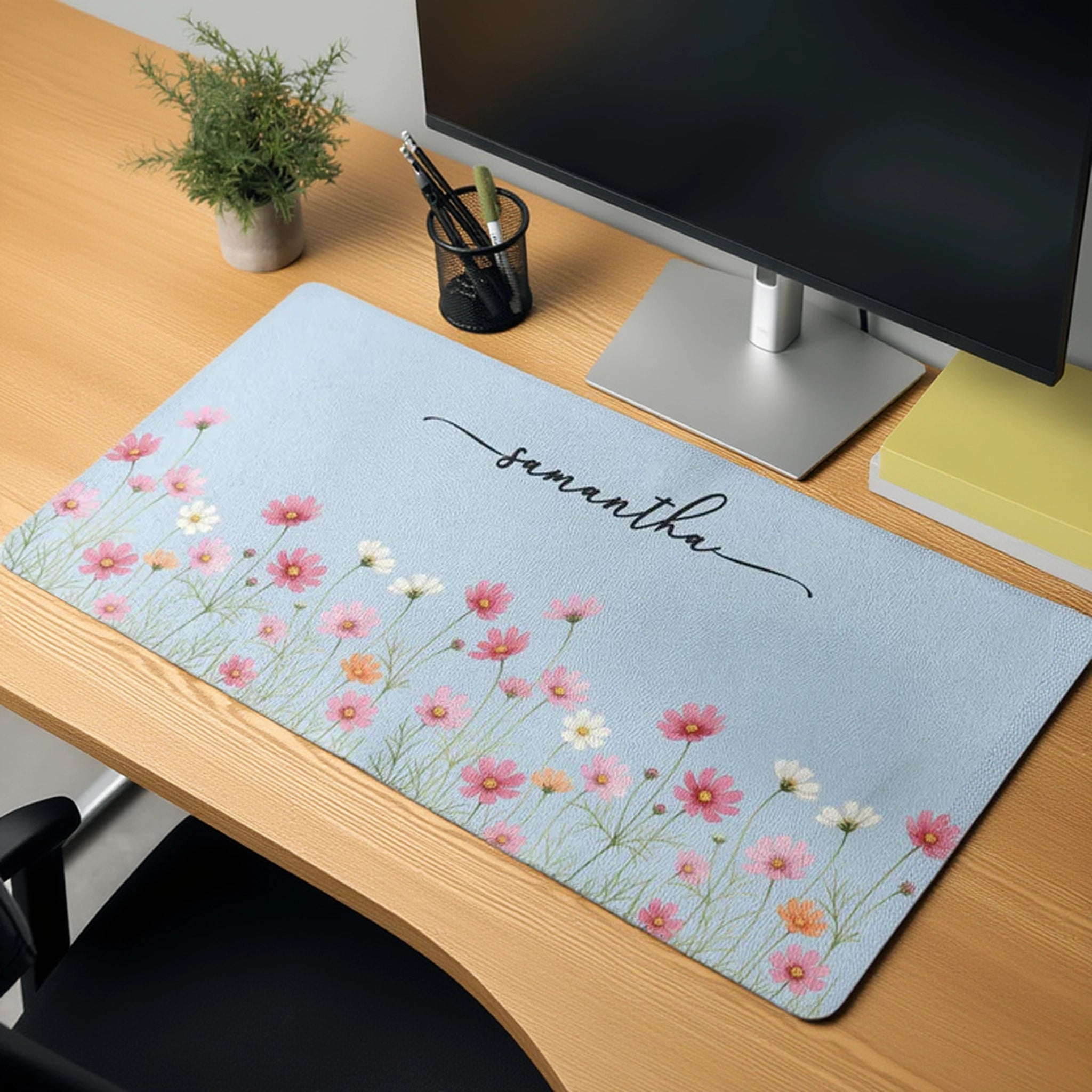 Custom Floral Leather Desk Mat for a Calm Workspace, Personalized Name ...