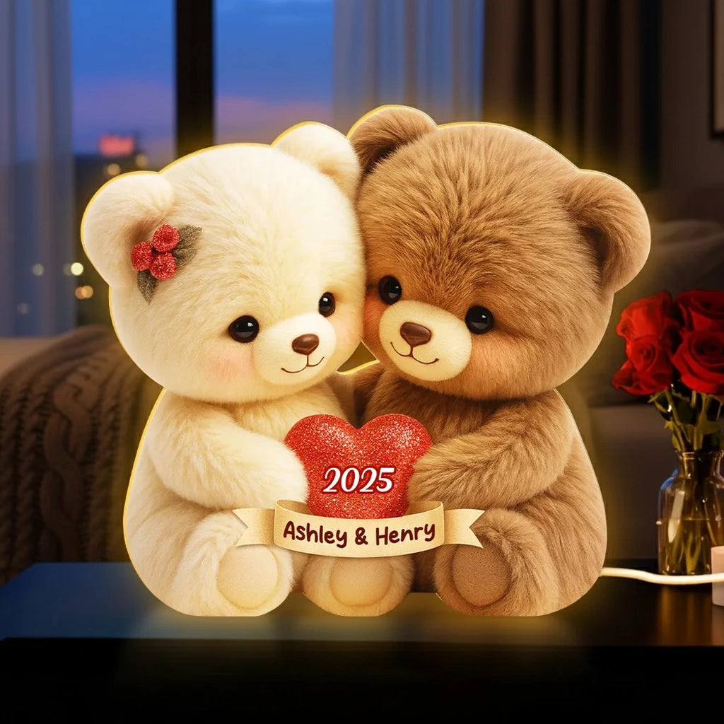 Personalized Acrylic Light Box with Hugging Bear Couple, Soft Warm