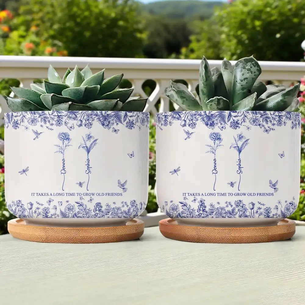 custom ceramic flower pot Custom Ceramic Flower Pot for Best Friends – 'It Takes a Long Time to Grow Old Friends' Quote with Name & Floral Design