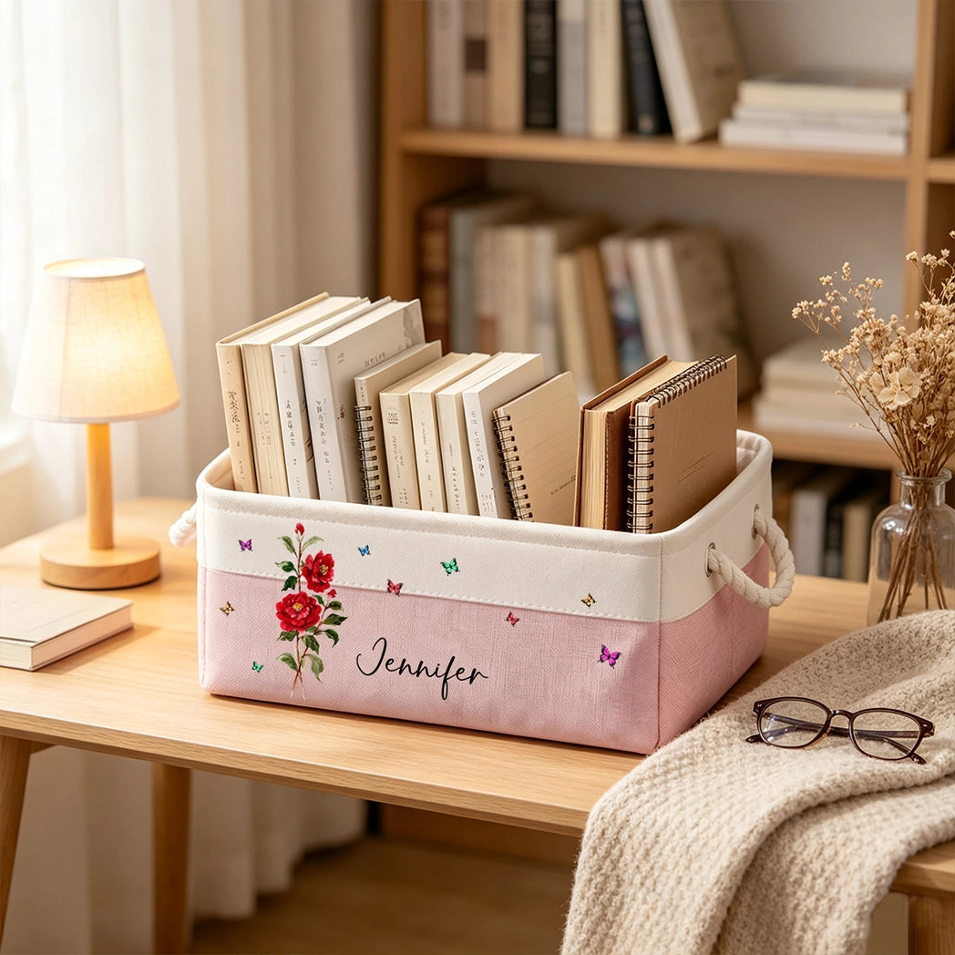 Personalized Cotton Linen Rope Basket, Pink Floral Butterfly Home Office Storage, Unique Gift for Her