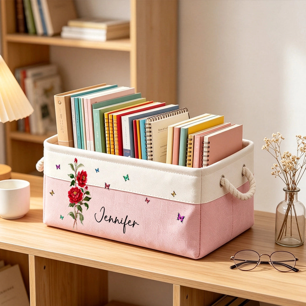 Personalized Cotton Linen Rope Basket, Pink Floral Butterfly Home Office Storage, Unique Gift for Her
