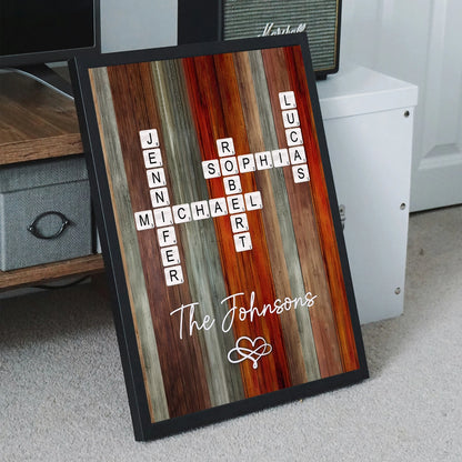 Personalized Family Name Poster Crossword Wall Art – Rustic Colorful Wood Decor, Heartfelt Home Display, Unique Gift for Parents & Loved Ones