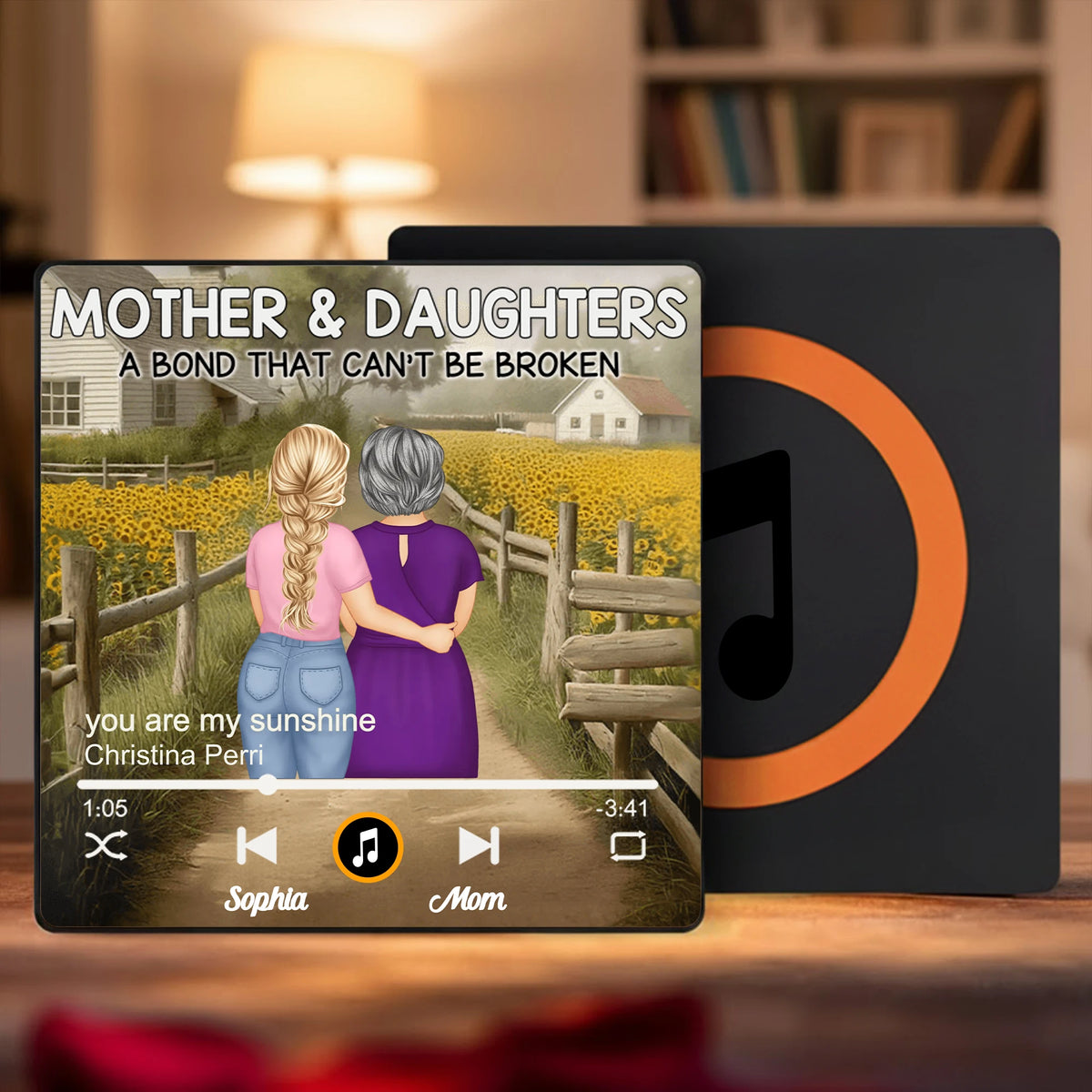 Personalized Acrylic Music Magnet Mother & Daughters Sunflower Field Scene Unique Gift for Mom - A Bond That Can't Be Broken
