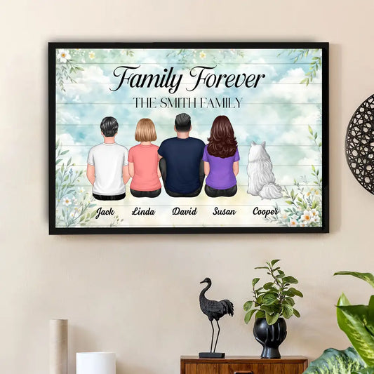 Family Forever Personalized Poster or Canvas – Back View Hug Scene with Pet and Kids, Thoughtful Gift for Family on Mother’s Day or Christmas