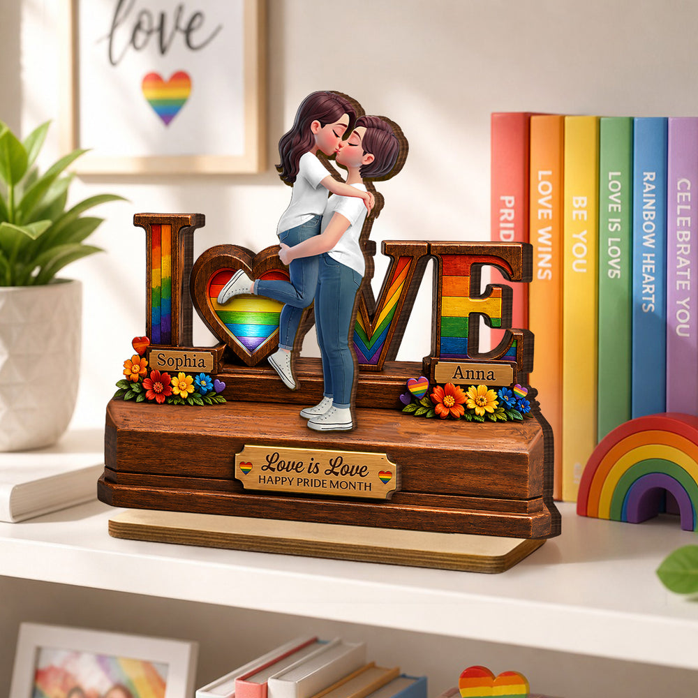 Personalized 2-Layer Wooden Plaque, Kissing LGBTQ Couple Rainbow Love is Love, Unique Gift for Partner