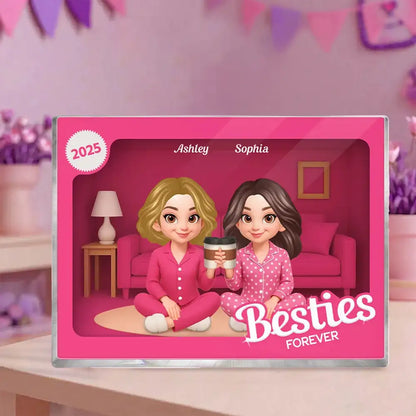 Rectangle Acrylic Block Plaque with Besties Forever Theme, Pajama Illustration, Clear Finish, Perfect Surprise Gift for Friends