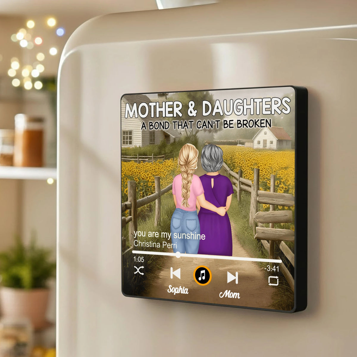 Personalized Acrylic Music Magnet Mother & Daughters Sunflower Field Scene Unique Gift for Mom - A Bond That Can't Be Broken
