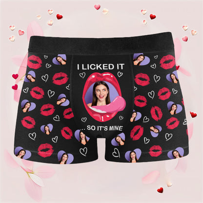 "I Licked It So It’s Mine – Funny Personalized Boxer Briefs for Husband with Your Face"