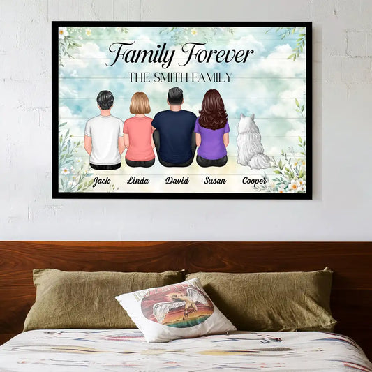 Family Forever Personalized Poster or Canvas – Back View Hug Scene with Pet and Kids, Thoughtful Gift for Family on Mother’s Day or Christmas