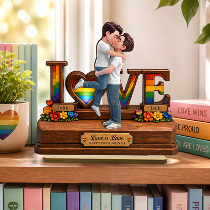 Personalized 2-Layer Wooden Plaque, Kissing LGBTQ Couple Rainbow Love is Love, Unique Gift for Partner