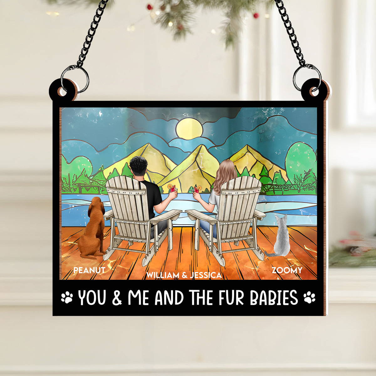 "Rustic Couple and Dogs Wood & Acrylic Ornament - Personalized Mountain View Gift"