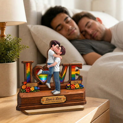Personalized 2-Layer Wooden Plaque, Kissing LGBTQ Couple Rainbow Love is Love, Unique Gift for Partner