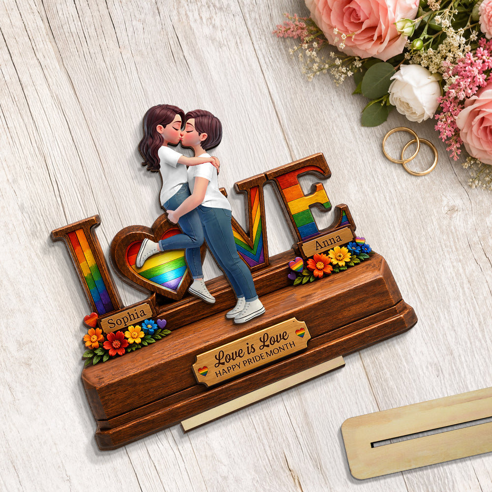 Personalized 2-Layer Wooden Plaque, Kissing LGBTQ Couple Rainbow Love is Love, Unique Gift for Partner