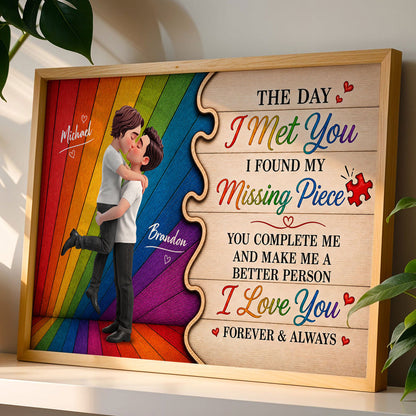 LGBT Couple Poster, Personalized Kissing Artwork With Missing Piece Quote, Creative Gift For Partner