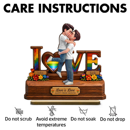 Personalized 2-Layer Wooden Plaque, Kissing LGBTQ Couple Rainbow Love is Love, Unique Gift for Partner