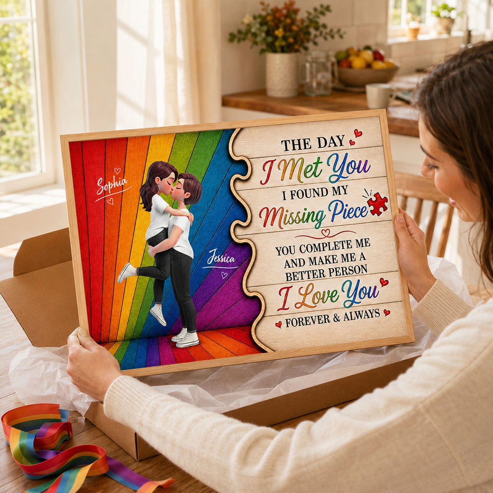 LGBT Couple Poster, Personalized Kissing Artwork With Missing Piece Quote, Creative Gift For Partner