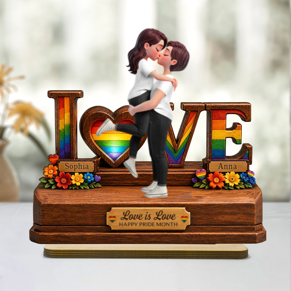 Personalized 2-Layer Wooden Plaque, Kissing LGBTQ Couple Rainbow Love is Love, Unique Gift for Partner