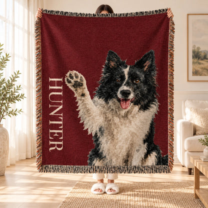 Personalized Fringed Throw Blanket, Playful Raised Paw Dog Art, Creative Keepsake Gift for Pet Owners