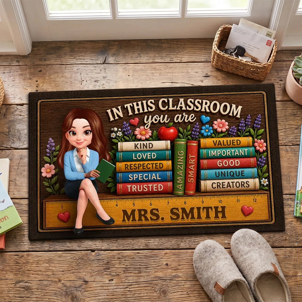 Personalized Teacher Doormat With Classroom Books, Unique Creative Gift For Back To School Entryway