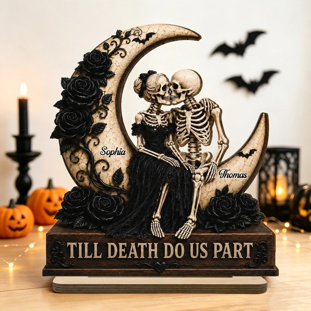 Personalized 2-Layer Wooden Plaque, Kissing Skeleton Couple on Crescent Moon, Unique Gift for Couples