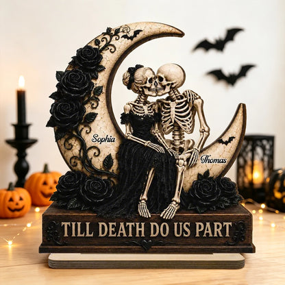 Personalized 2-Layer Wooden Plaque, Kissing Skeleton Couple on Crescent Moon, Unique Gift for Couples