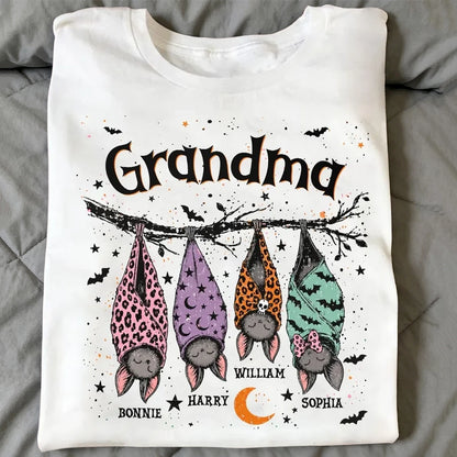 Personalized Classic Tee with Cute Bats Hanging from a Branch, Creative Halloween Gift for Grandma