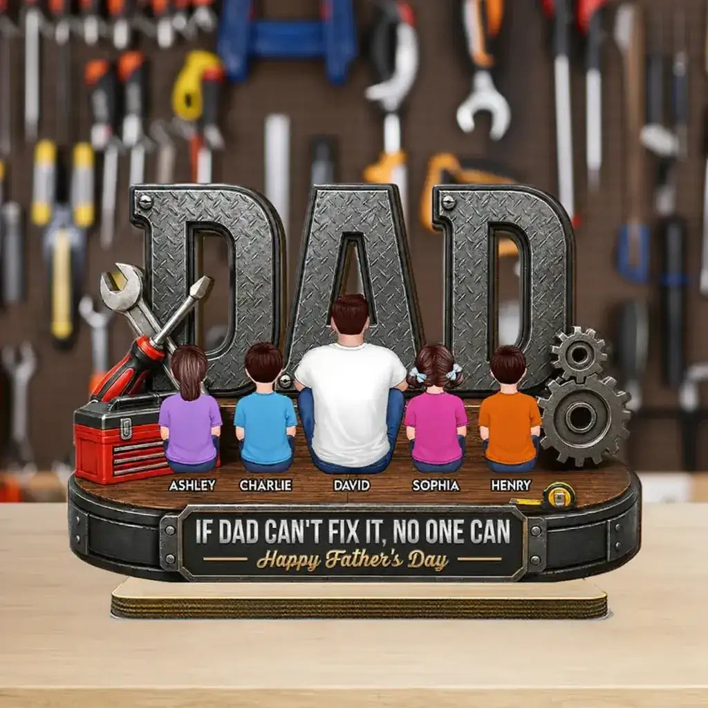 Personalized 2-Layer Wooden Plaque For Dad, Sitting With Kids Workshop Art, Unique Father's Day Gift