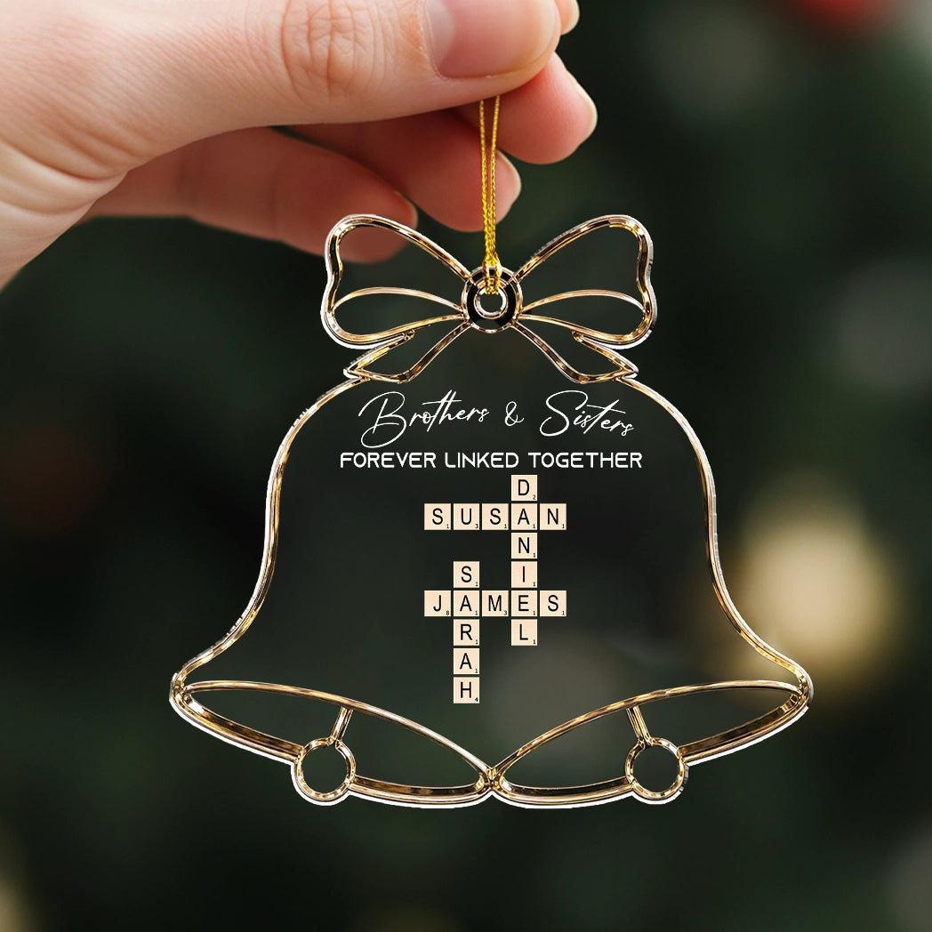 Personalized Acrylic Ornament, Bell and Bow Sibling Crossword for Christmas Tree, Unique Family Gift