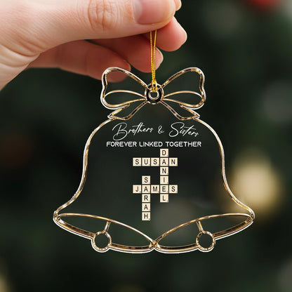 Personalized Acrylic Ornament, Bell and Bow Sibling Crossword for Christmas Tree, Unique Family Gift