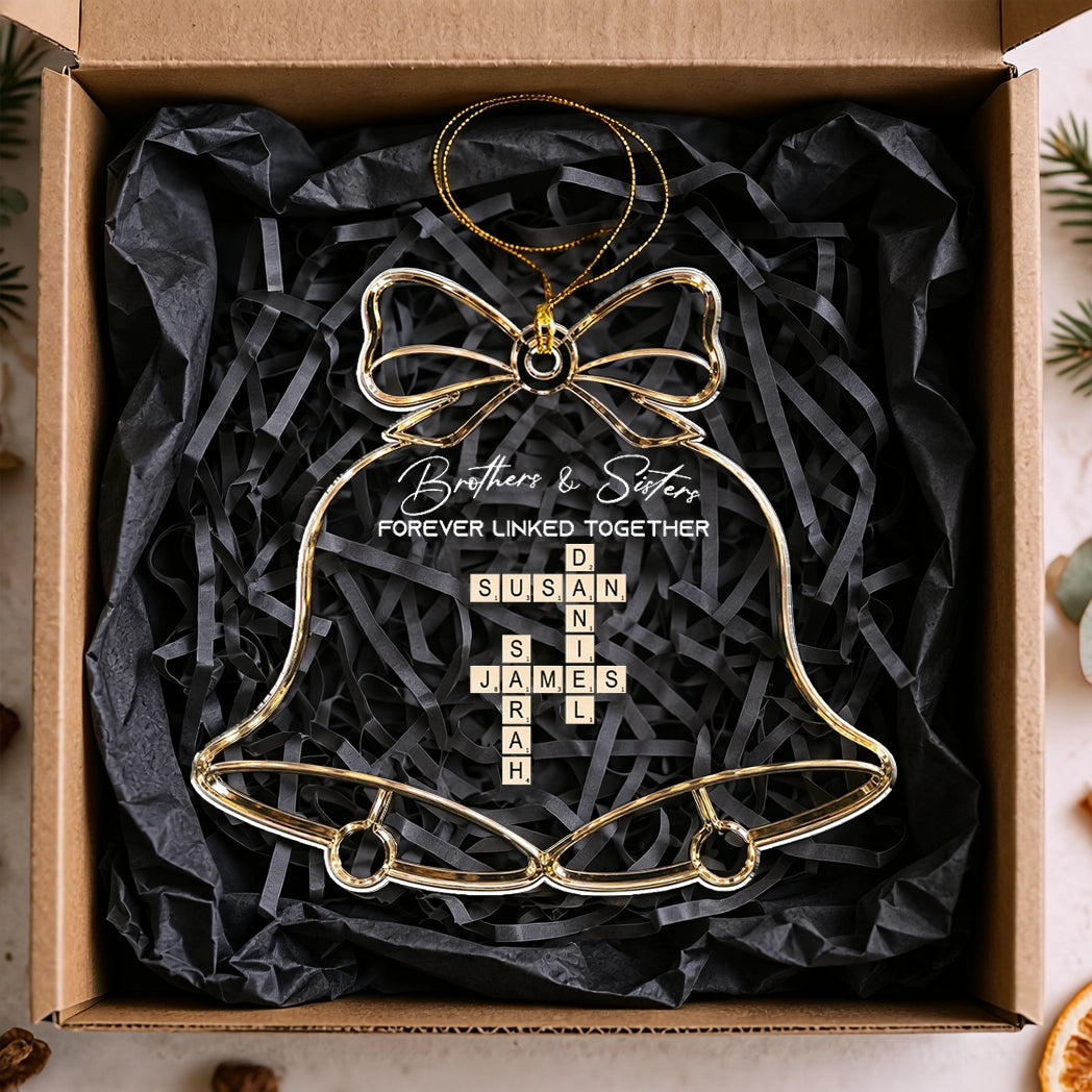 Personalized Acrylic Ornament, Bell and Bow Sibling Crossword for Christmas Tree, Unique Family Gift