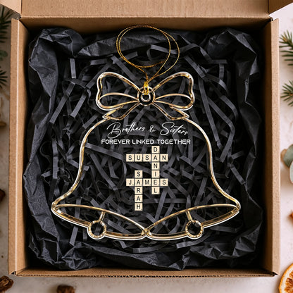 Personalized Acrylic Ornament, Bell and Bow Sibling Crossword for Christmas Tree, Unique Family Gift