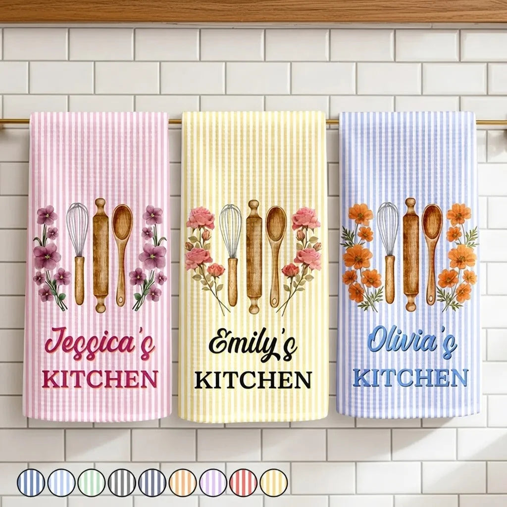 Personalized Kitchen Towel with Birth Flowers and Stripes, Unique Gift for Home Cooks