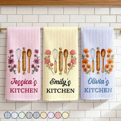 Personalized Kitchen Towel with Birth Flowers and Stripes, Unique Gift for Home Cooks