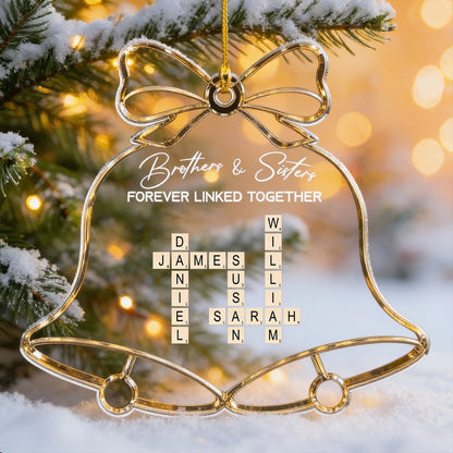Personalized Acrylic Ornament, Bell and Bow Sibling Crossword for Christmas Tree, Unique Family Gift