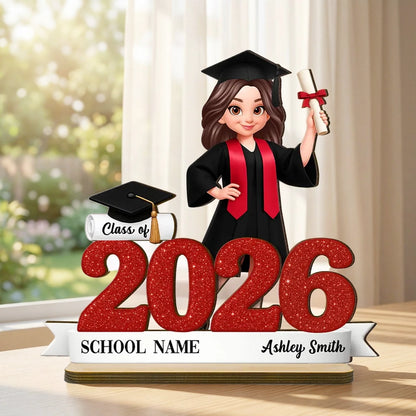 Custom Class Celebration 2-Layer Wooden Plaque, Cute Graduate Figure and Glitter Year Sign, Heartfelt Gift for Grad
