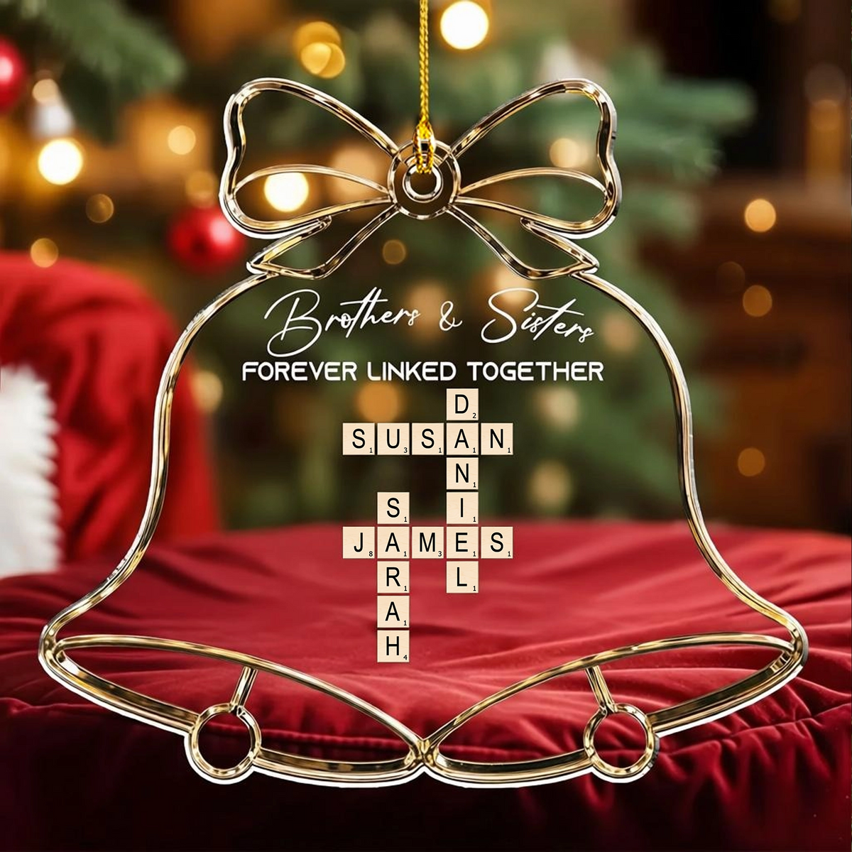 Personalized Acrylic Ornament, Bell and Bow Sibling Crossword for Christmas Tree, Unique Family Gift