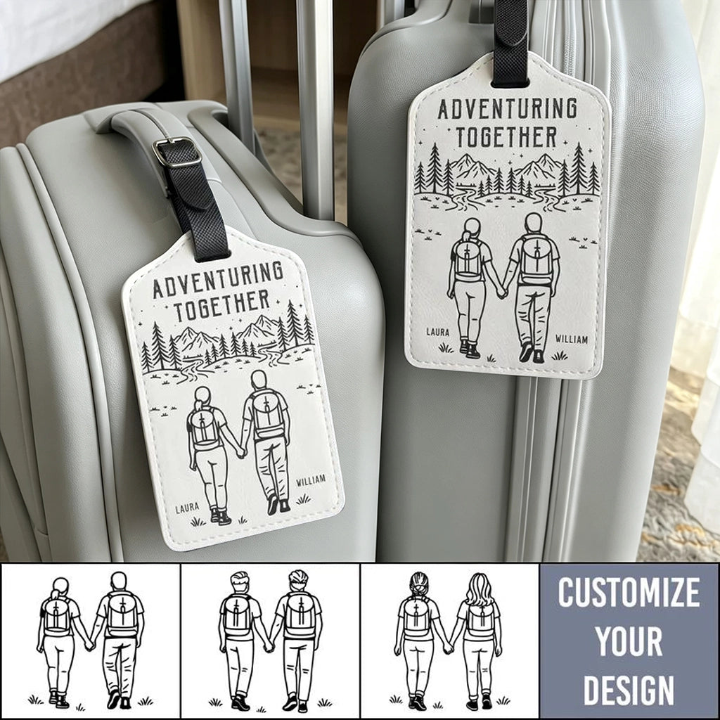 Personalized Leather Luggage Tag, Adventuring Together Couple Travel, Unique Creative Gift