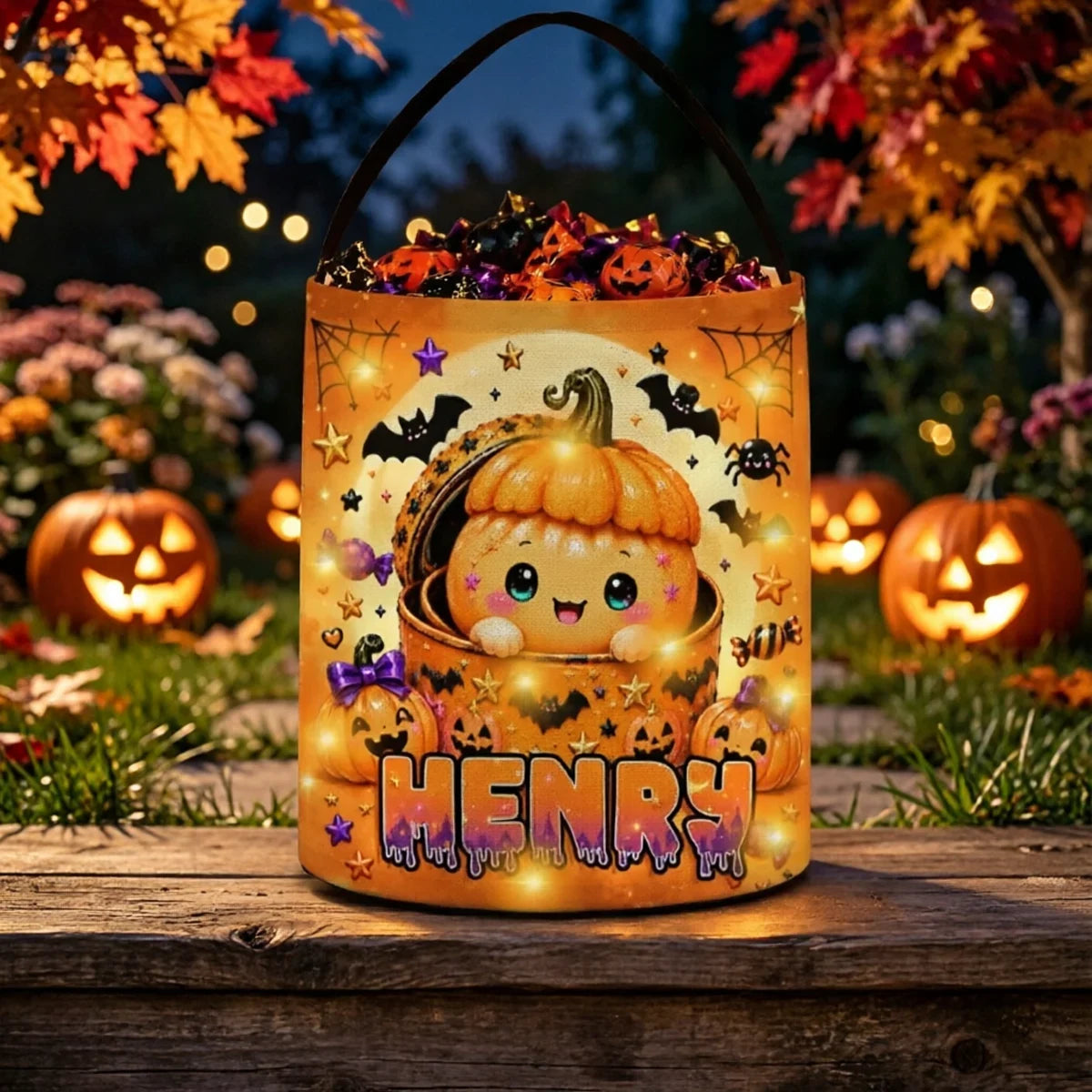 Personalized LED Light Up Fabric Basket, Cute Pumpkin Halloween Trick or Treat Bucket, Unique Gift for Kids