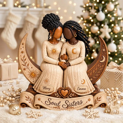 Personalized Boho Celestial Soul Sisters Wooden Plaque, Sun and Moon Friendship Figurine, Meaningful Gift for Best Friends