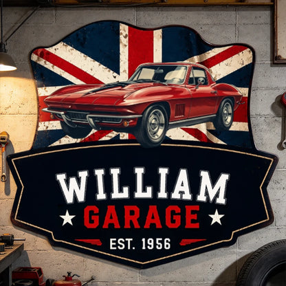 Personalized Vintage Car Garage Metal Sign with Custom Photo, Name & Year, Country Flag Design, Unique Gift for Dad & Car Lovers