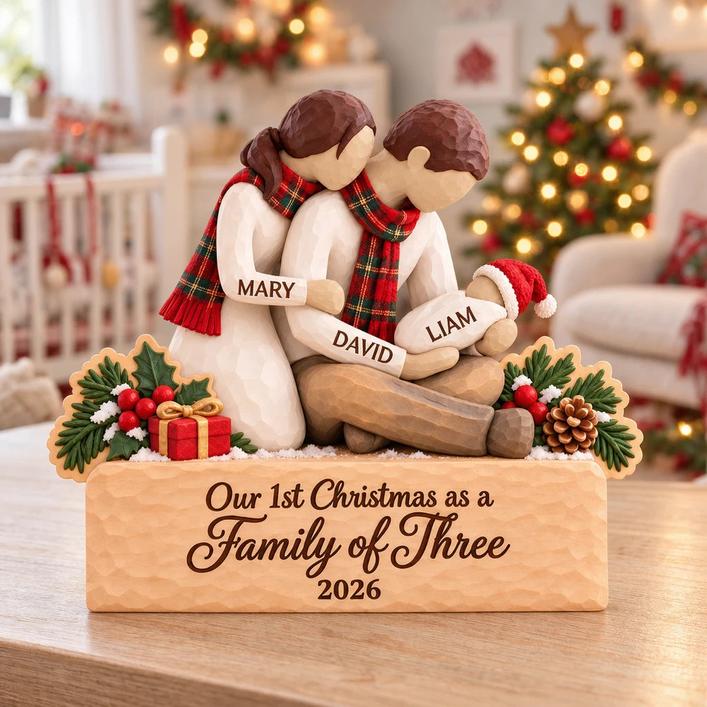 Wooden Ornament, Embracing Parents with Baby, Rustic Christmas Tree Decor, Unique Gift for a Growing Family