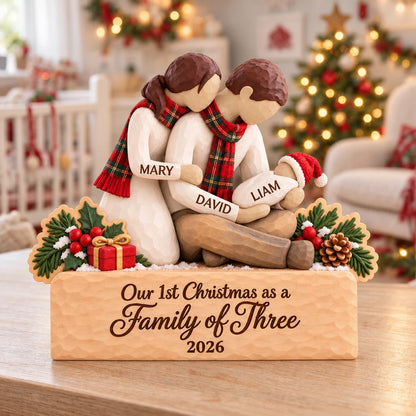 Wooden Ornament, Embracing Parents with Baby, Rustic Christmas Tree Decor, Unique Gift for a Growing Family