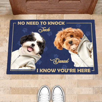 Personalized Doormat for Dog Lovers – Customizable Dog Photo Mat with Message, "No Need to Knock, I Know You’re Here", Perfect Gift for Pet Owners, Home Decor for Dog Families