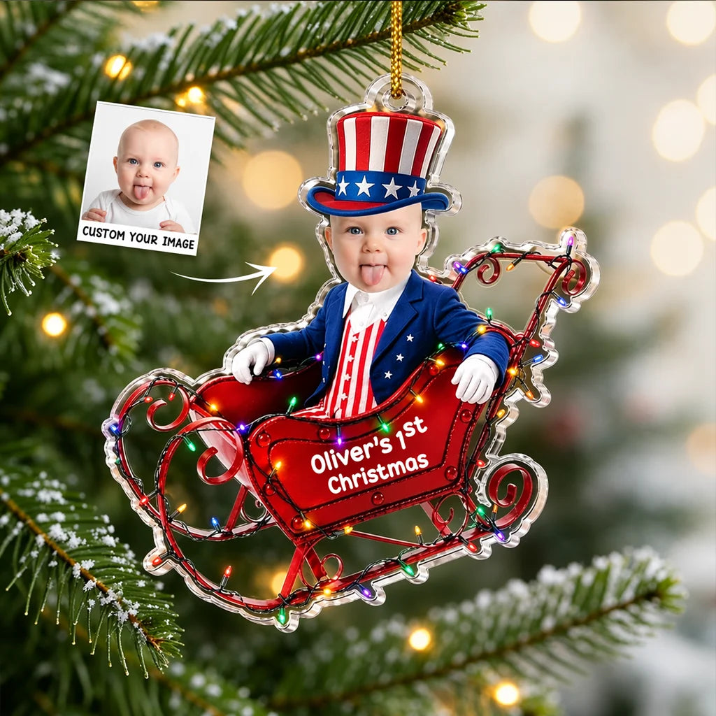 Personalized Acrylic Ornament, Baby Riding Santa Sleigh, Red White & Blue Unique Christmas Gift for Family
