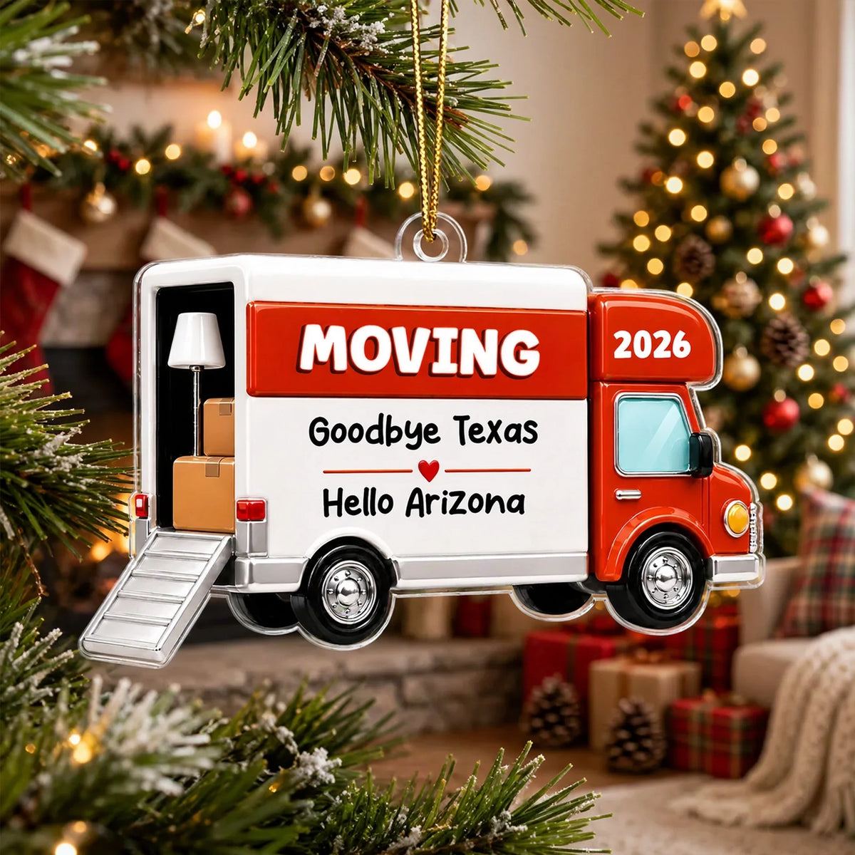 Personalized Acrylic Ornament, Red Moving Van Hanging Tree Decor, Unique New Home Gift for Family
