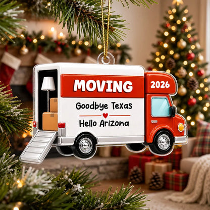 Personalized Acrylic Ornament, Red Moving Van Hanging Tree Decor, Unique New Home Gift for Family