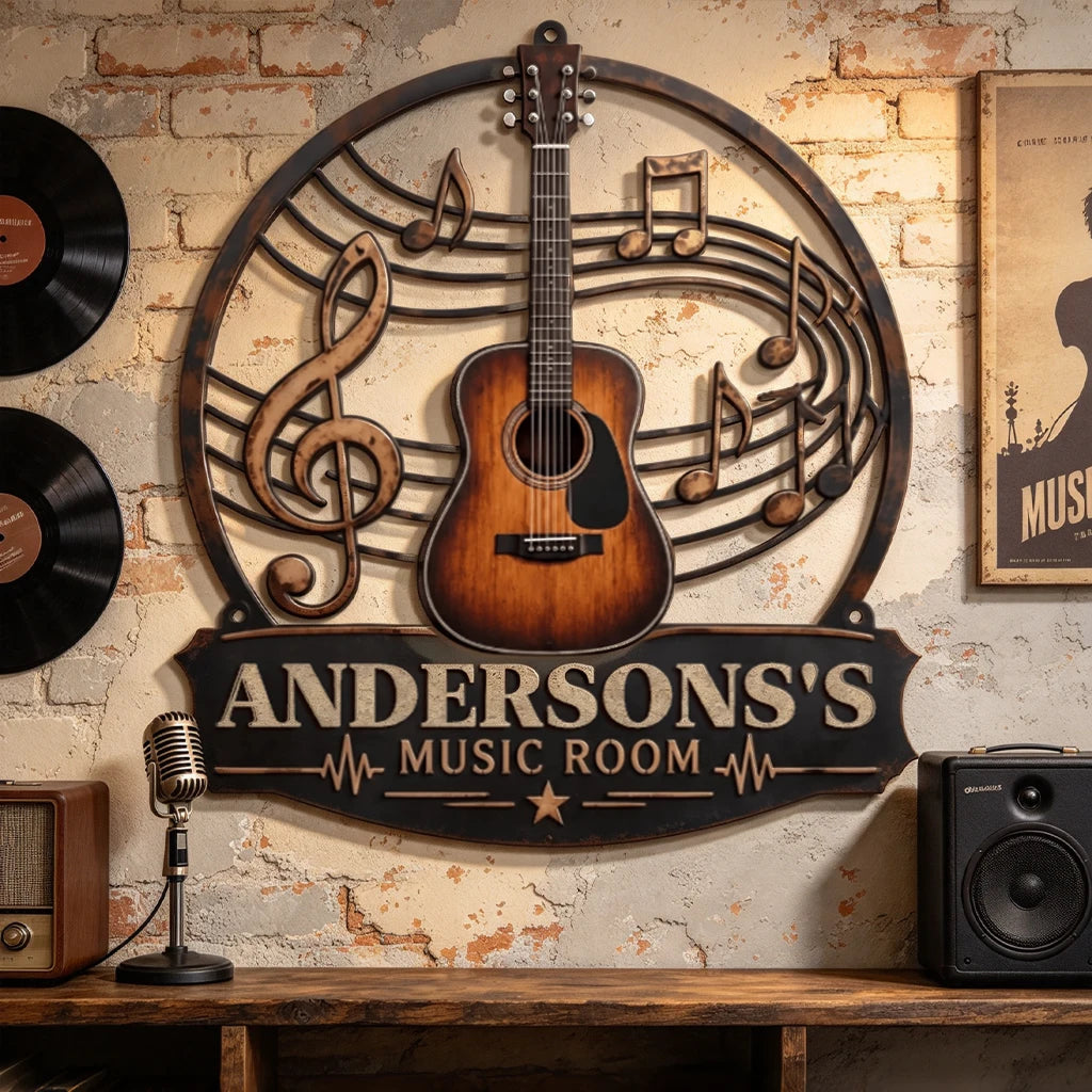 Personalized Vintage Music Room Metal Sign, Multiple Instrument Options & Custom Name, Rustic Wall Decor Gift for Music Lovers