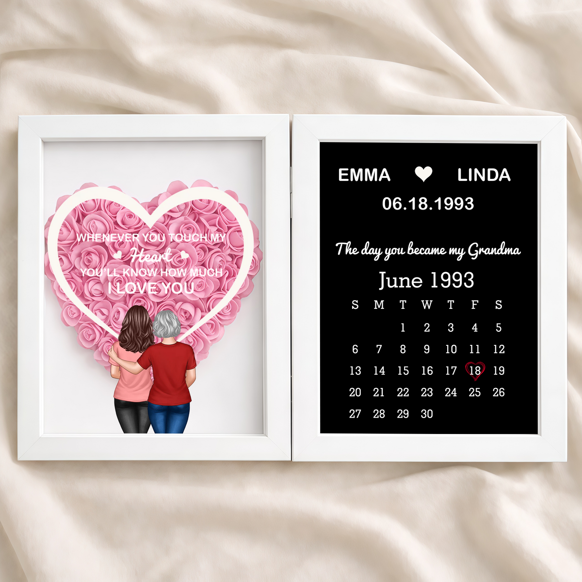 Foldable Floral Shadow Box Personalized for Grandma, Touch My Heart Love Quote with Keepsake Calendar, Meaningful Unique Gift