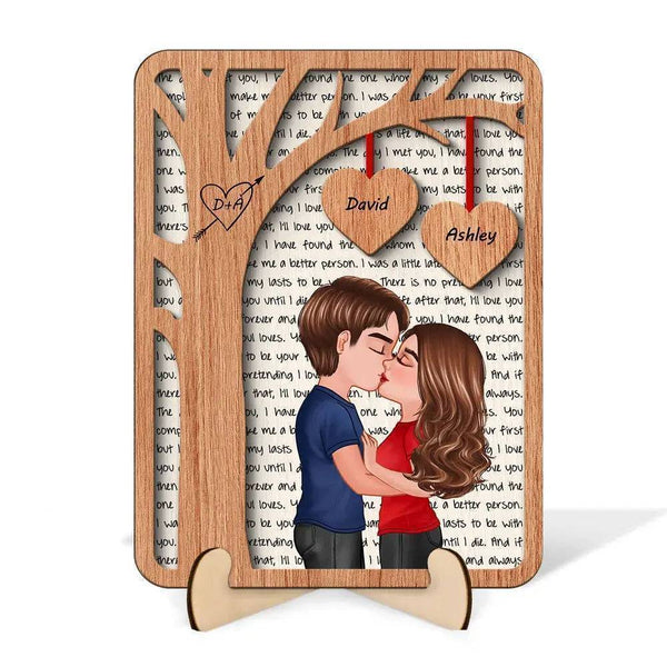 Love's Silhouette - Engraved Kiss Under the Tree Plaque with Alphabet Backdrop - Personalized Romantic Wooden Art